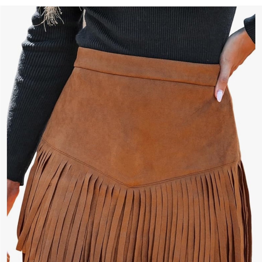 Brown Fringe Suede Skirt